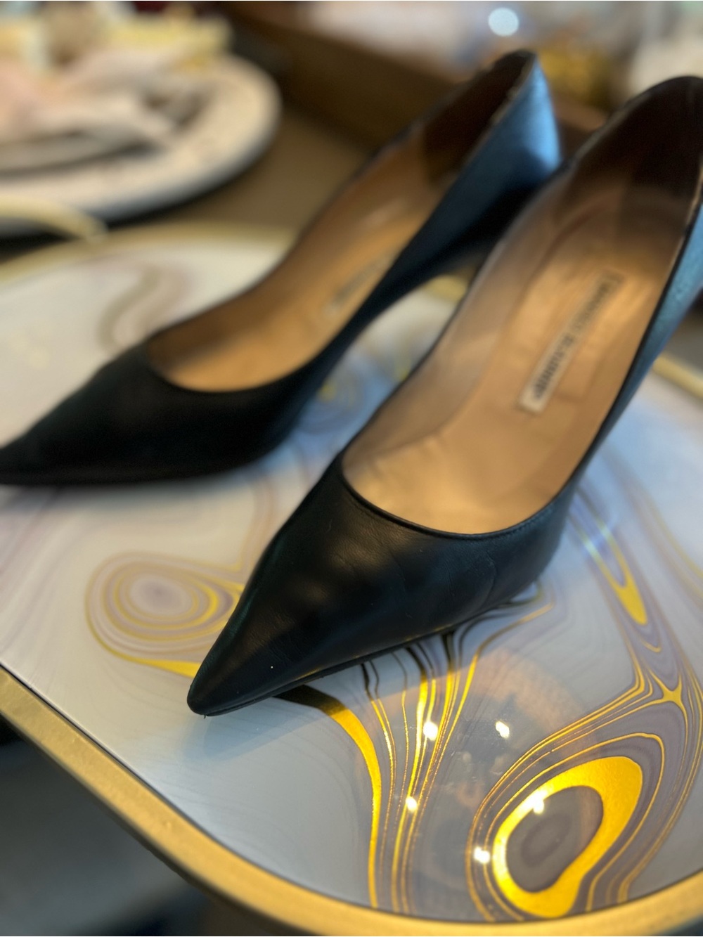 Manolo Blahnik Black Pointed-Toe Leather Pumps  US size 8